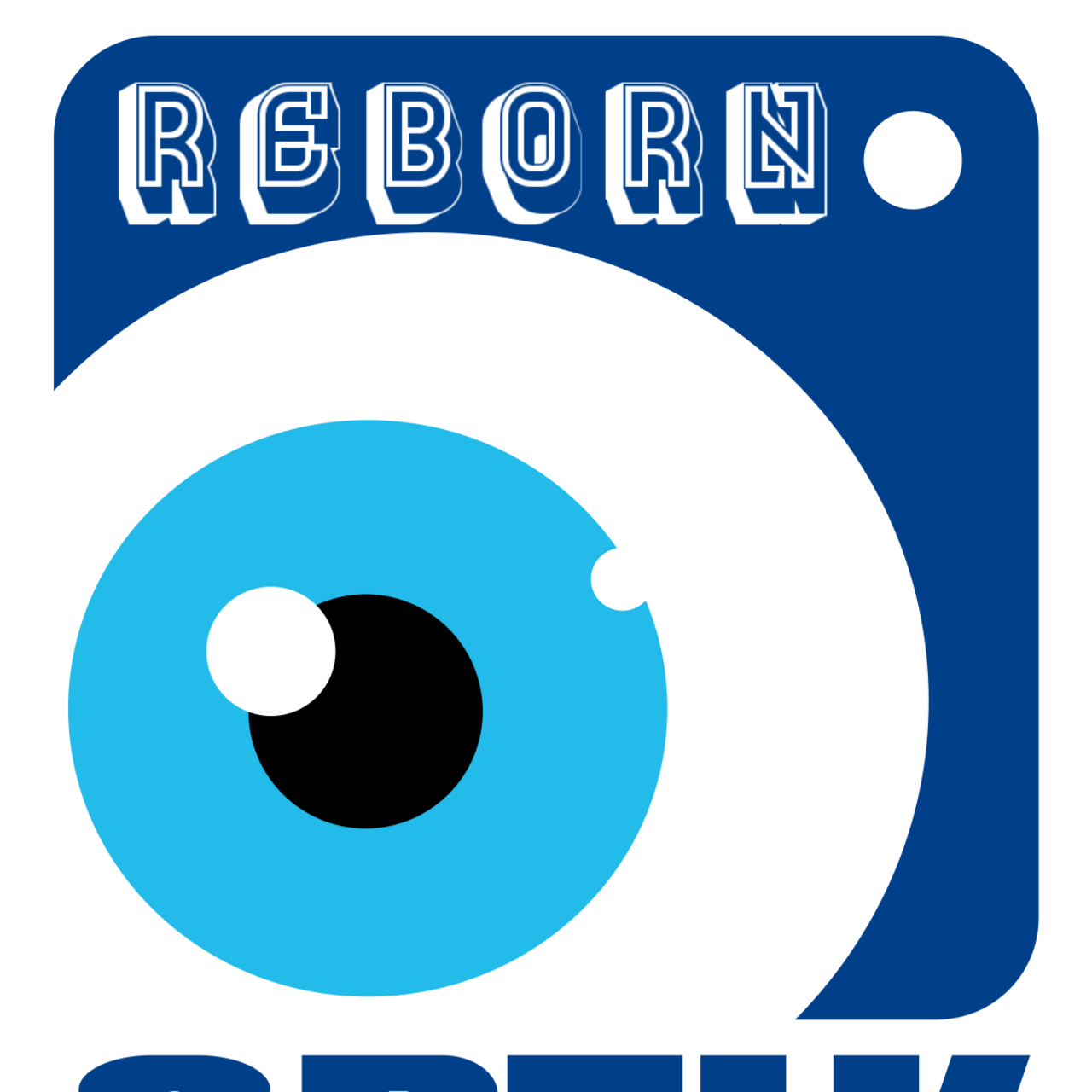 Das Bild zeigt ein Logo mit einem großen blauen Auge in der Mitte und dem Schriftzug "REBORN OPTIK" darüber. Der Hintergrund ist in verschiedenen Blautönen. Das Logo vermittelt Informationen über einen Optik-Service oder ein Augenoptik-Geschäft.