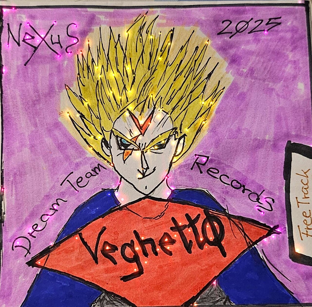 Die Illustration zeigt einen charakteristischen Helden mit gelbem, stacheligem Haar und einem entschlossenen Gesichtsausdruck. Er trägt ein rotes Oberteil mit der Aufschrift "Veghéttø". Im Hintergrund sind die Worte "Nexus", "Dream Team Records" und "Free Track" zu sehen.