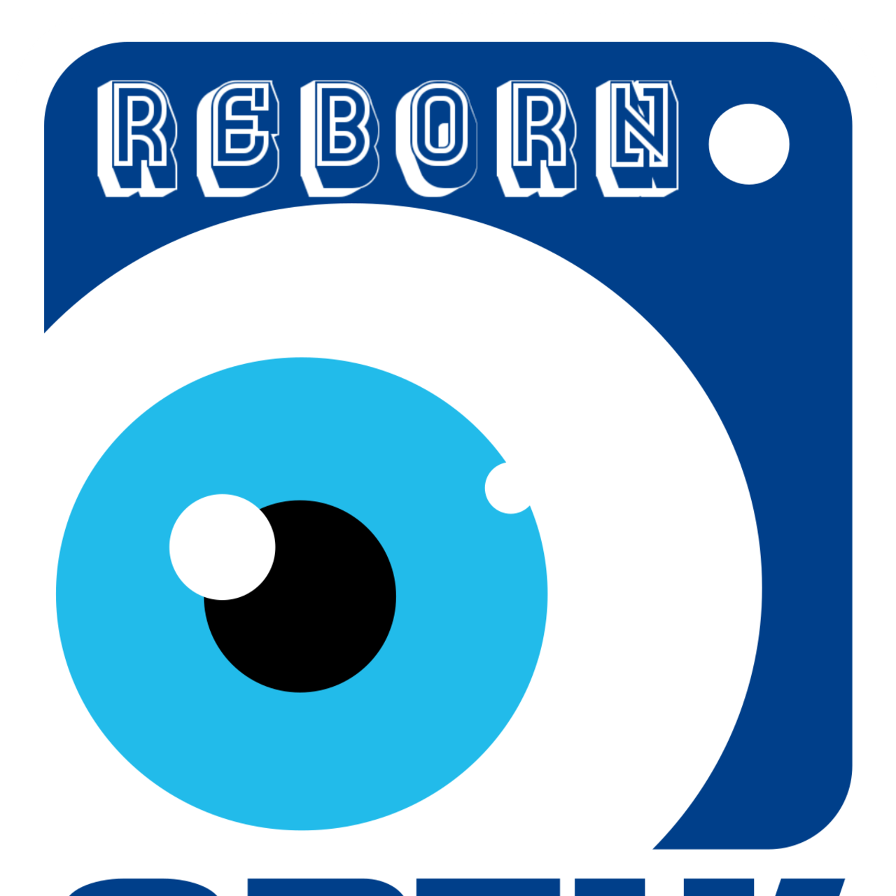 Das Bild zeigt ein Logo mit einem großen blauen Auge in der Mitte und dem Schriftzug "REBORN OPTIK" darüber. Der Hintergrund ist in verschiedenen Blautönen. Das Logo vermittelt Informationen über einen Optik-Service oder ein Augenoptik-Geschäft.