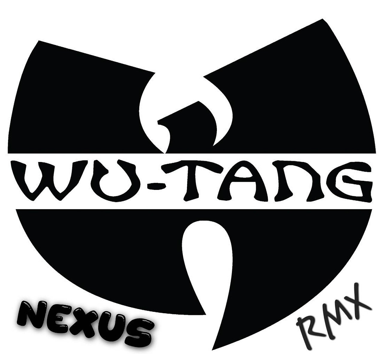Das Bild zeigt das stilisierte Logo der Hip-Hop-Gruppe Wu-Tang Clan. Der zentrale Teil des Logos hat die Form eines W, umgeben von einem schwarzen Halbkreis. Darunter steht der Text „WU-TANG“ in einer markanten Schriftart. Weitere Textelemente sind „NEXUS“ und „RMX“ im unteren linken Bereich.