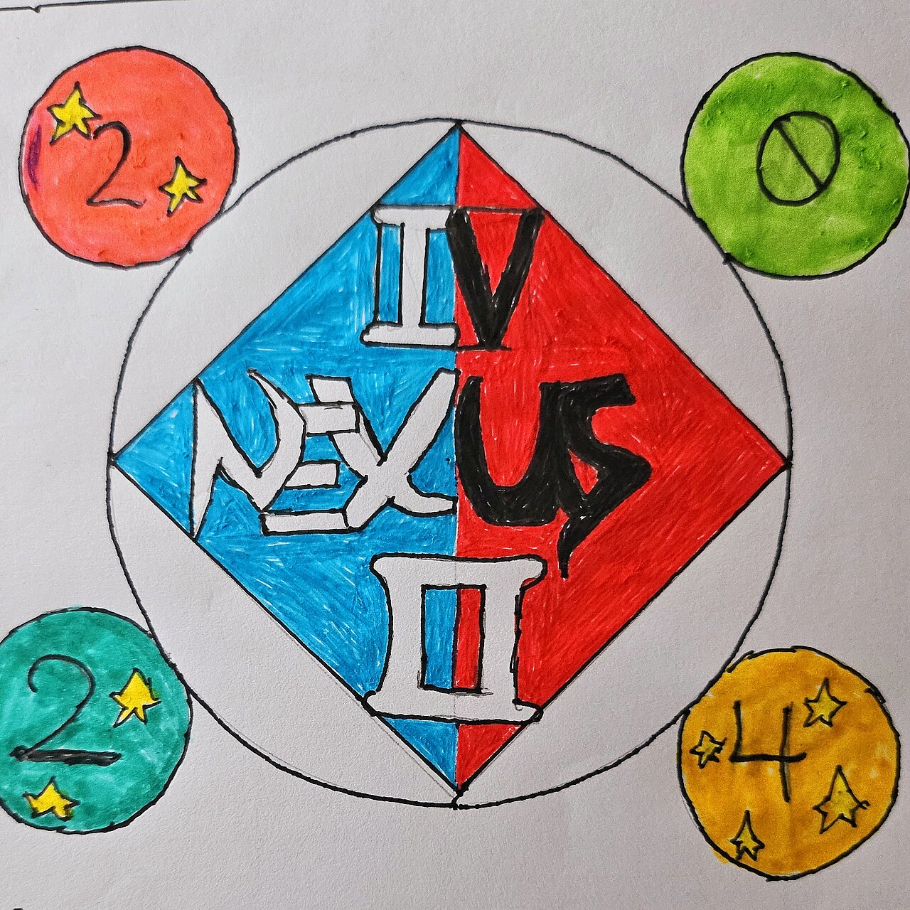 Ein kreisförmiges Design zeigt das Wort "NEXUS" in der Mitte, umgeben von farbigen Zahlen: 2, 0, 2 und 4. Die Zahlen sind in verschiedenen bunten Kreisen platziert. Die Farben umfassen Rot, Blau, Gelb und Grün. Das Gesamtbild wirkt modern und kreativ.