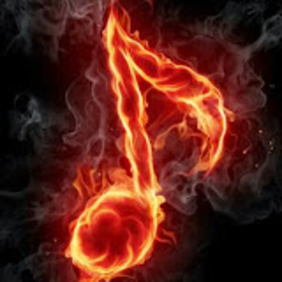 Ein leuchtendes, flammendes Notensymbol vor einem dunklen Hintergrund. Die Flammen verleihen dem Notenzeichen eine dynamische, energiegeladene Ausstrahlung, die Leidenschaft und Kreativität in der Musik darstellen könnte.