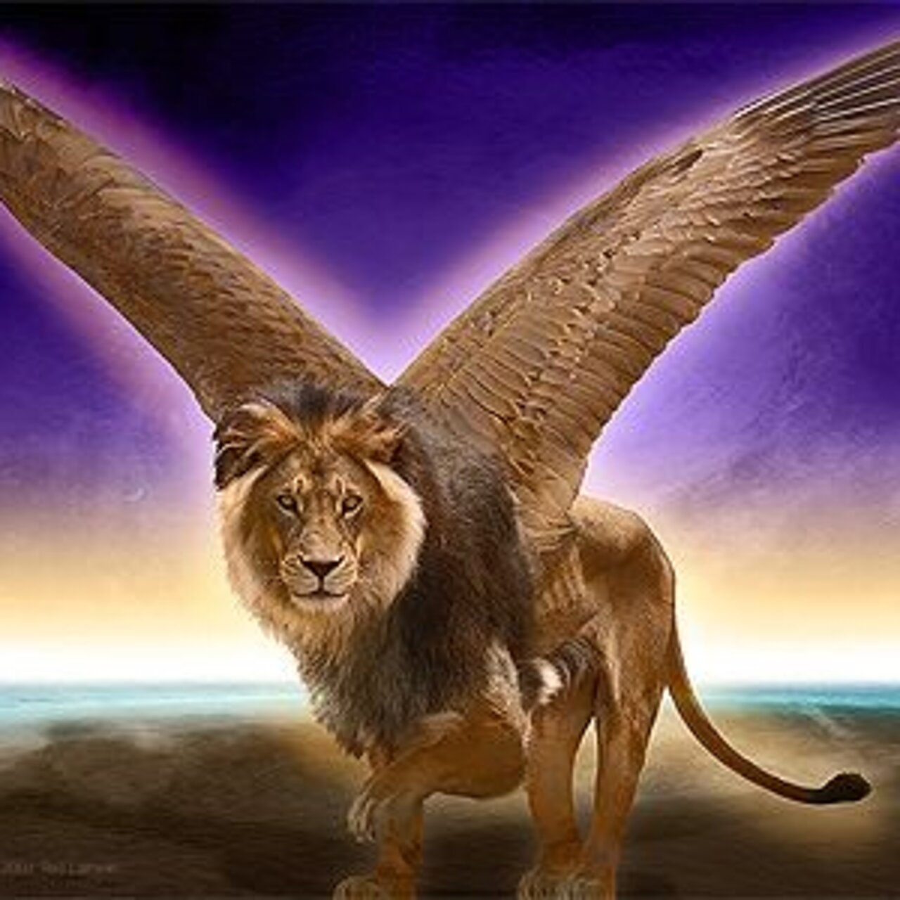 Ein geflügelter Löwe steht majestätisch in einer surrealen Landschaft. Seine großen, ausgedehnten Flügel heben sich vor einem farbenfrohen Hintergrund ab, der von sanften Tönen des Himmels und des Wassers geprägt ist. Der Löwe hat ein kräftiges, eindrucksvolles Erscheinungsbild.